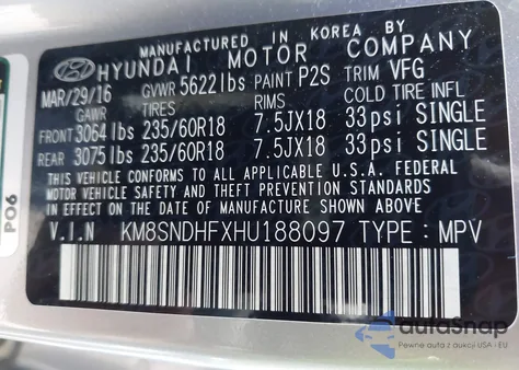 2017 Hyundai Santa Fe Se from USA, damaged, VIN KM8SNDHFXHU188097